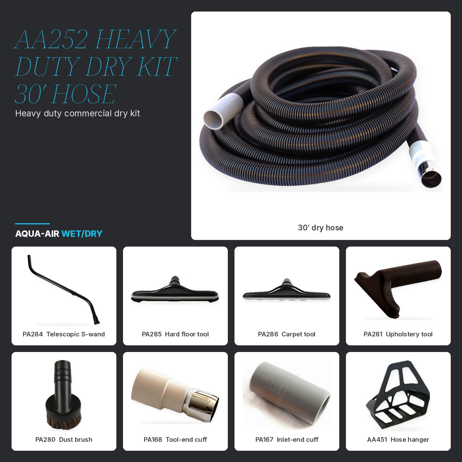 AA252 Heavy Duty Commercial Dry Kit — 30' Hose, Telescopic Wand & Floor Tools