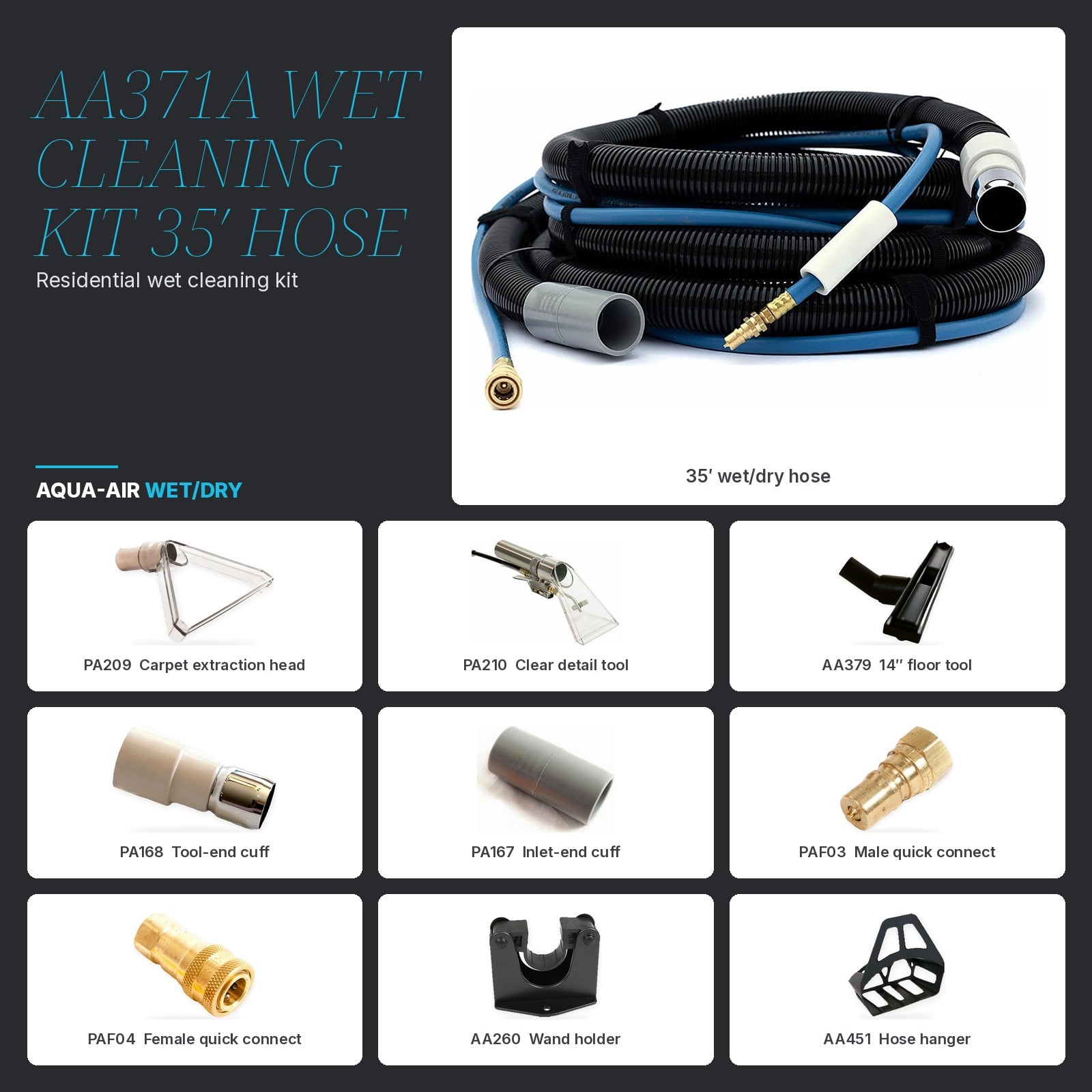 AA371A Residential Wet Cleaning Kit — 35' Hose, Stainless Wand & Floor Tools