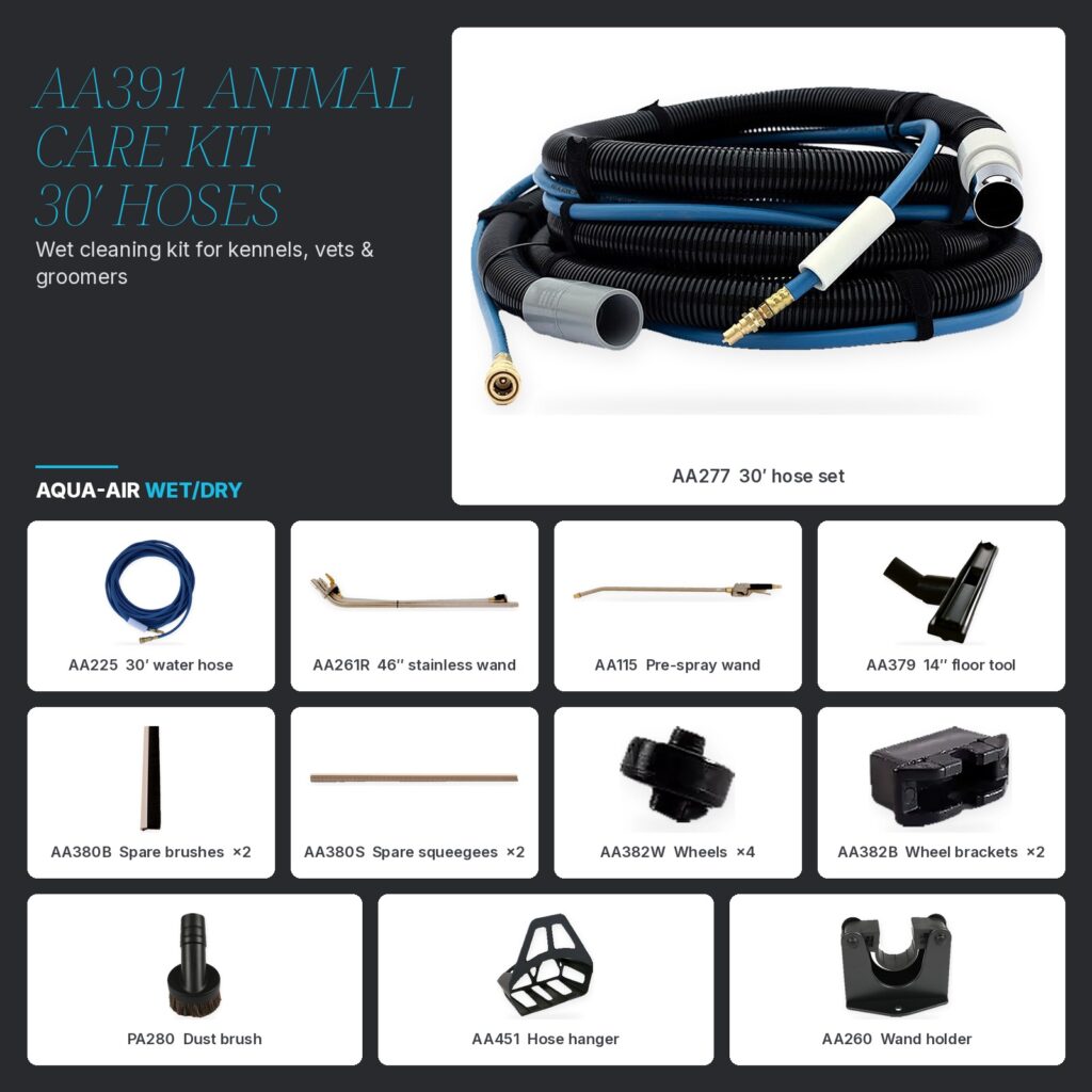 AA391 Animal Care Wet Cleaning Kit — 30' Hoses, Wand, Pre-Spray & Floor Tools for Kennels, Vets & Groomers