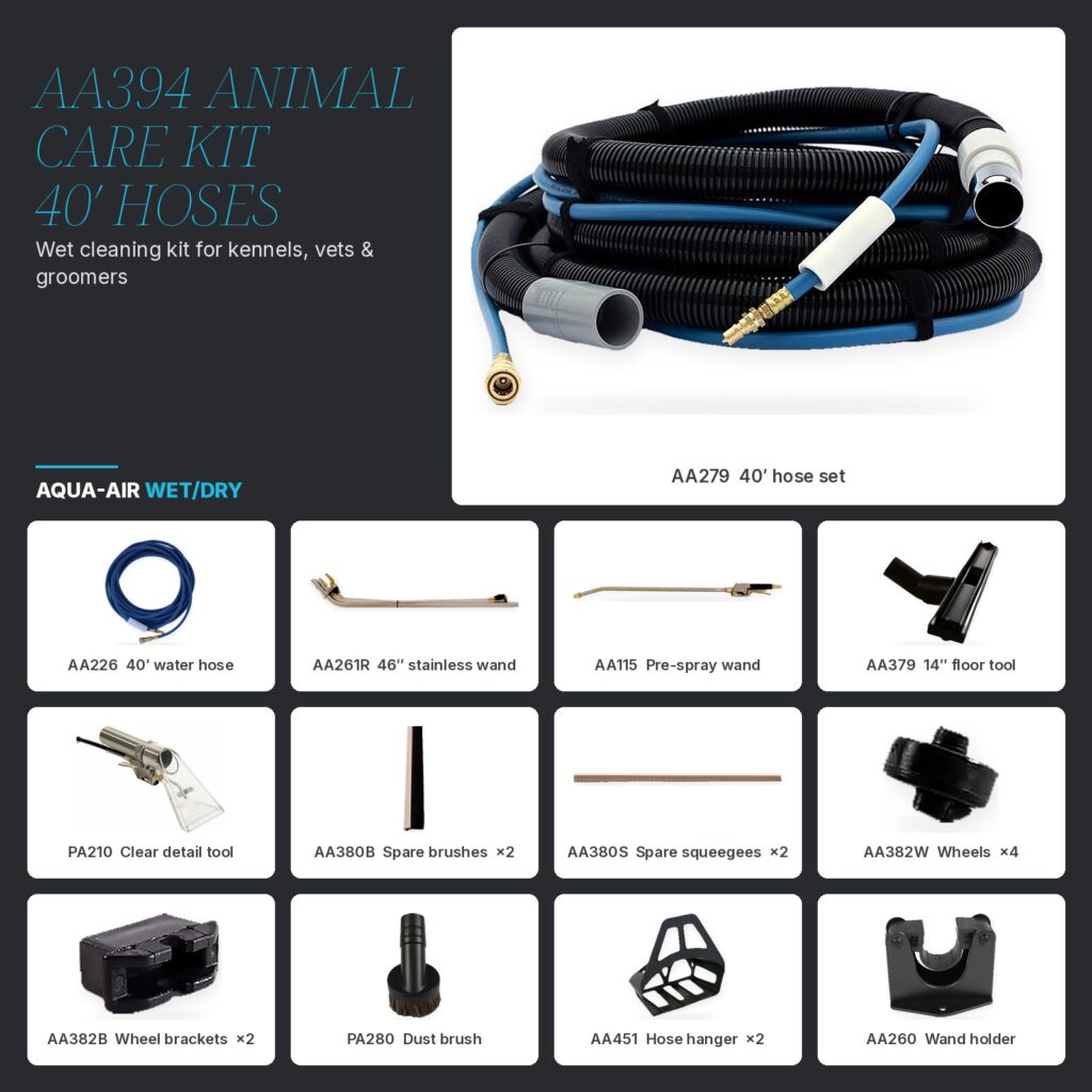 AA394 Animal Care Wet Cleaning Kit — 40' Hoses, Wand, Pre-Spray & Floor Tools for Kennels, Vets & Groomers