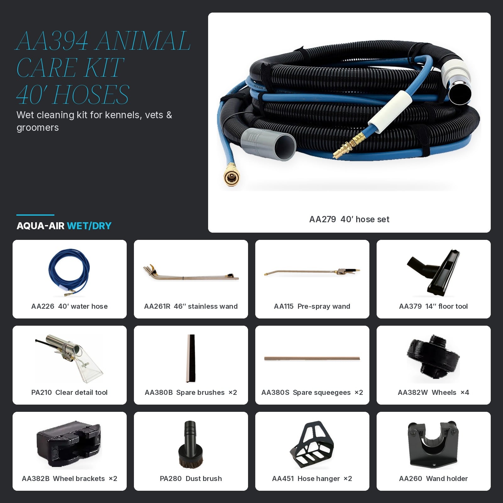 AA394 Animal Care Wet Cleaning Kit — 40' Hoses, Wand, Pre-Spray & Floor Tools for Kennels, Vets & Groomers