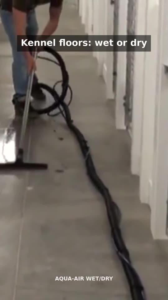 Staff member cleaning a kennel aisle floor with an Aqua-Air stainless wand and floor tool, the hose running back to a wall station